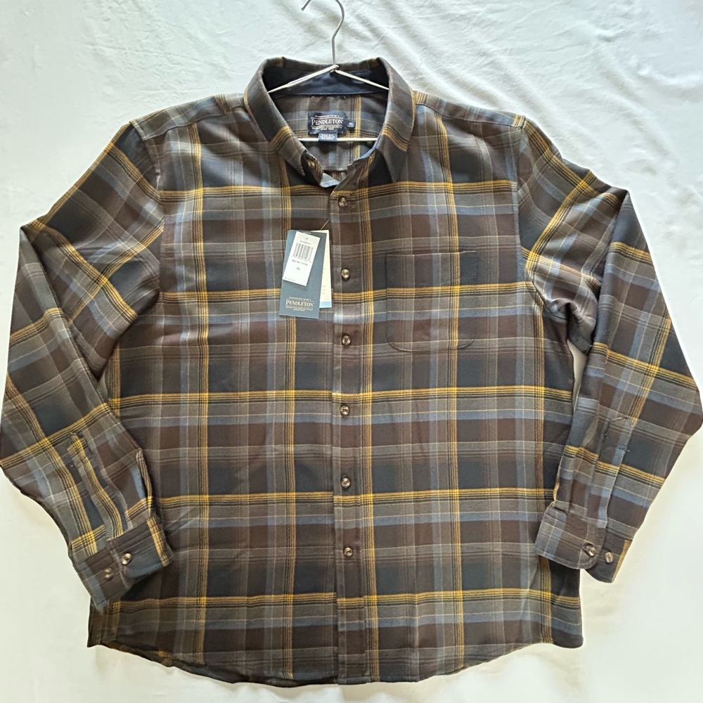 Pendleton Mens XL Plaid Button Down Shirt NWT Brown Blue Yellow Flannel